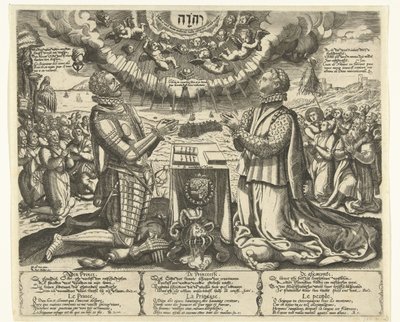 Willem van Oranje en Charlotte van Bourbon knielend in landschap door Theodor de Bry (attributed to)