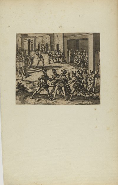 (Jacobus Almagrus a Ferdinando Pizarro Invincula Coniicitur in Carcere....) (uit boek, Americae, deel zes) door Theodor de Bry