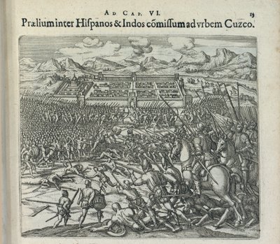 Slag tussen de Spanjaarden en de Indianen bij de poorten van Cuzco, 1596 door Theodor de Bry