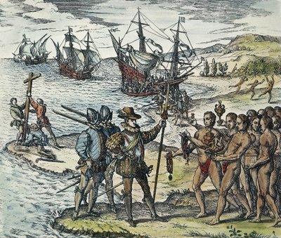 Columbus landt in de Indiën. 1594 door Theodor de Bry