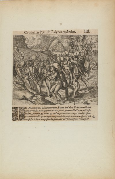 Crudelitas Petride Calyce Erga Indos. III. (uit boek, Americae, deel vier) door Theodor de Bry