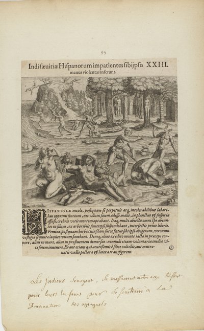 Indisaeuitiae Hispanorum Impatientes Sibi Psis/Manus Violentas Inserunt. XXIII. (uit boek, Americae, deel vier) door Theodor de Bry