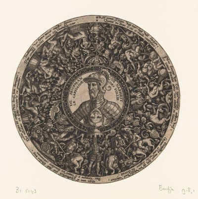Medaillon met buste van de Kapitein van Dwaasheid, Theodor de Bry, ca. 1577 - ca. 1578 door Theodor de Bry