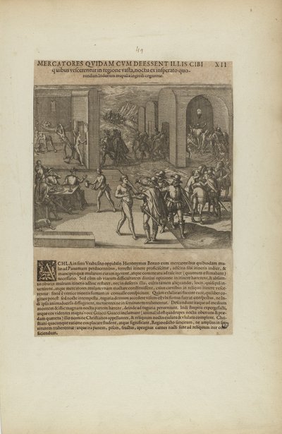 Mercatores Quidam cum Deessent Illis Cibi/Quibus Vescerentur in.... (uit boek, Americae, deel vijf) door Theodor de Bry