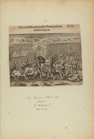 Outina Gallorum Auxilio Potanou Suum Hostem Superat. XIII. (uit boek, Americae, deel twee) door Theodor de Bry