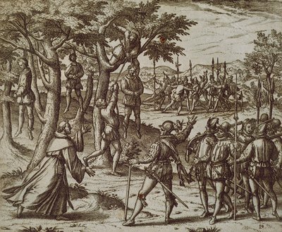 Veroordeling tot ophanging van enkele mannen van Christoffel Columbus in de Nieuwe Wereld door Theodor de Bry