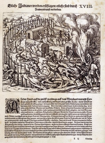 Zuid-Amerika: Spaanse veroveraars verbranden en plunderen een inheems dorp door Theodor de Bry
