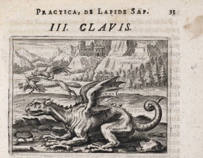 Een draak, op de achtergrond een kippenstelende wolf, aangevallen door een haan door Theodor de Bry