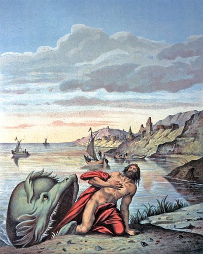 Jonas komt uit de buik van de walvis, midden 19e eeuw (illustratie) door Theodore (after) Amst
