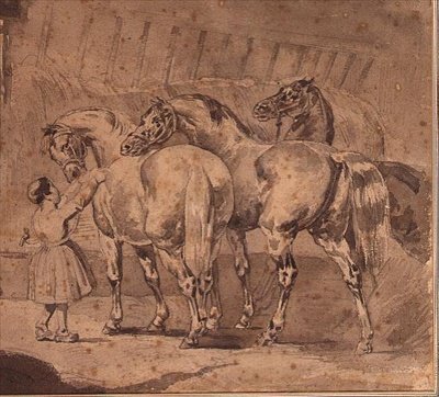 Klein meisje dat paarden voert in een stal door Theodore (attr. to) Gericault