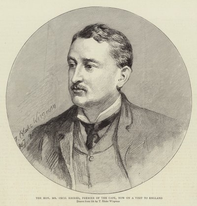 De Eerwaarde Mr. Cecil Rhodes, Premier van de Kaap, nu op bezoek in Engeland door Theodore Blake Wirgman