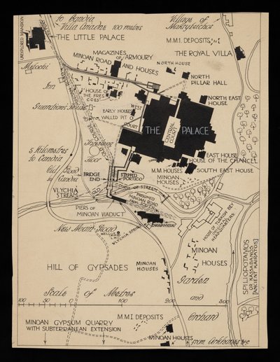 Kaart van Knossos gebouwen rondom het paleis, circa 1903 door Theodore Fyfe