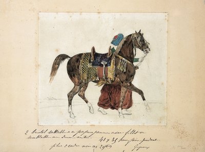 Een aangespannen paard geleid door een mameluk, twee piramides op de achtergrond door Theodore Gericault