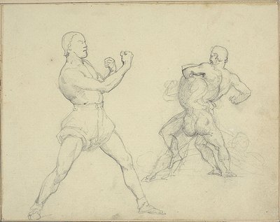 Bokser naar rechts en twee mannen worstelen door Theodore Gericault