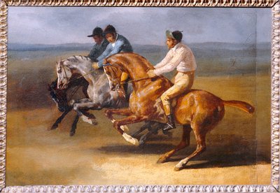 Paardenrace op een berg, naar links bij de start - Paardenrace ... door Theodore Gericault
