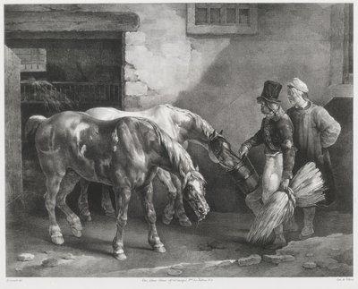 Twee postpaarden bij de deur van een stal (Two Post-Horses at a Stable Door) door Theodore Gericault