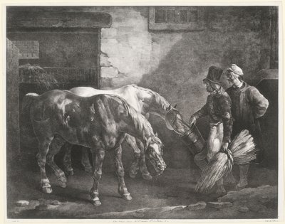 Twee postpaarden bij de deur van een stal (Two Post-Horses at a Stable Door) door Theodore Gericault