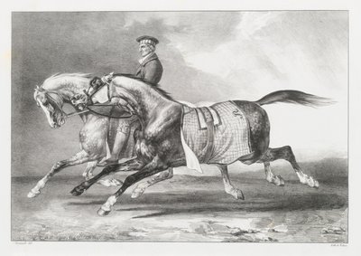 Twee dapple-grijze paarden die worden uitgelaten (Two Dapple-Grays Being Exercised) door Theodore Gericault