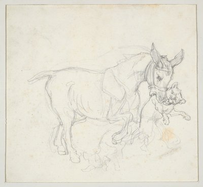 Ezel met hond in zijn bek (voorkant); Studie van een hert dat door honden wordt achtervolgd, kop van een hinde (achterkant) door Theodore Gericault