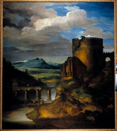 Groot landschap van Italië, landschap van ruïnes, toren en brug, door Theodore Gericault (1791-1824) 19e eeuw door Theodore Gericault
