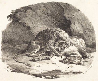 Leeuw die een paard verslindt door Theodore Gericault