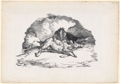 Leeuw die een paard verslindt (A Lion Devouring a Horse) door Theodore Gericault
