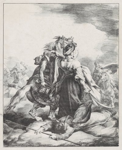Een Mameluk van de keizerlijke garde die een gewonde trompettist verdedigt tegen een Kozak (Een Egyptische Mameluk die een gewonde Franse trompettist verdedigt bij Waterloo) door Theodore Gericault