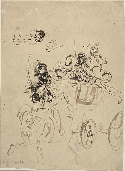Napoleontische Legerkoets met Schetsen van Hoofden door Theodore Gericault