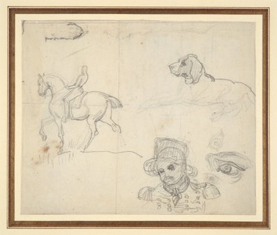 Pagina met schetsen (paard, hond, hoofd van een soldaat) door Theodore Gericault
