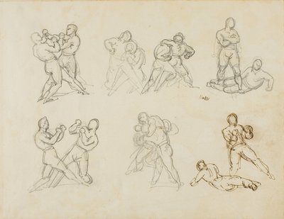 Zeven schetsen van paren boksers door Theodore Gericault