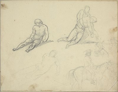 Schetsen: Liggend naakt, man die het lichaam ondersteunt door Theodore Gericault