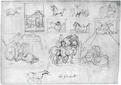 Afbeelding van paarden (voorkant); Een wagen gevolgd door een borddrager (achterkant) door Theodore Gericault