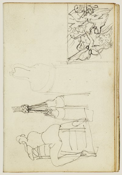 Kwastjes, zittende figuur gezien van achter de stoel, miniatuurstudie van „Charging Chasseur“ door Theodore Gericault
