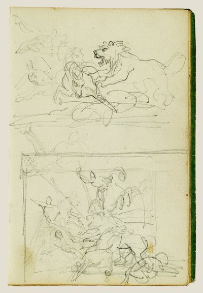 Twee compositiestudies van een leeuwenjacht door Theodore Gericault
