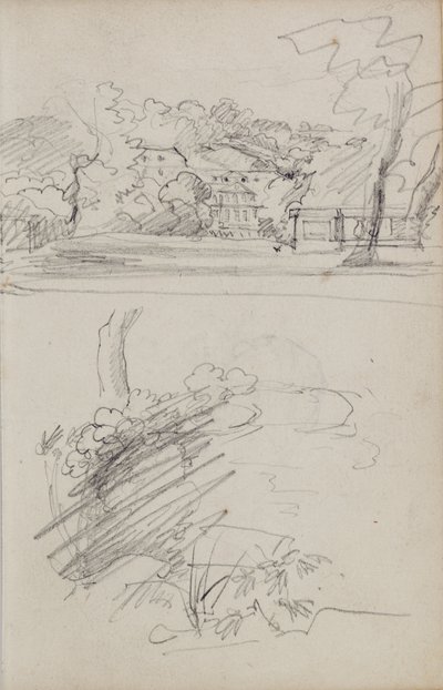 Uitzicht op een landhuis en studies van struiken en gebladerte door Theodore Gericault