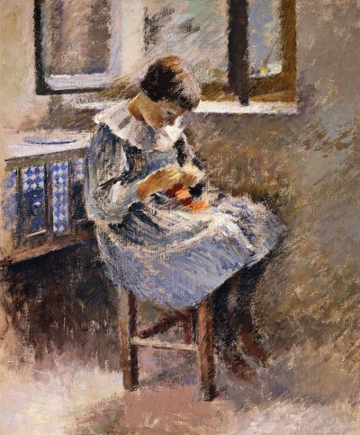 Meisje aan het naaien, ca. 1886 door Theodore Robinson
