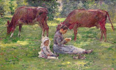 Kijken naar de koeien (olieverf op doek) door Theodore Robinson