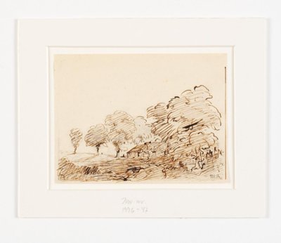 Landschap met hut onder hoge bomen door Theodore Rousseau