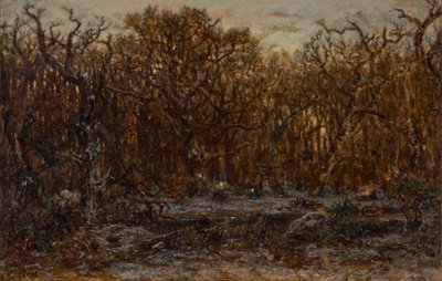 Bos bij zonsondergang in de winter door Theodore Rousseau