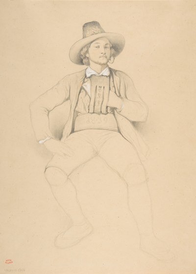 Een man in Tiroler kostuum, zittend, een pijp rokend door Theodore Valerio