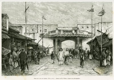 Canton Street Gate in Hanoi. Gravure van Th. Weber, naar een foto, ter illustratie van het verhaal Dertig maanden in Tonkin in 1884, door Doctor Hocquard, in de tour du monde 1889, onder leiding van Edouard Charton (1807-1890), Hachette, Parijs. door Theodore Weber