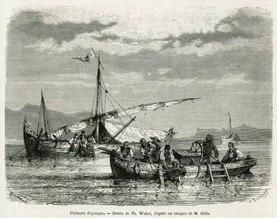 Sponsvissers in de Golf van Nafplio, tekening van Th. Weber, ter illustratie van het verhaal van een reis naar Griekenland in 1861, 1868 en 1874, door Henri Belle. Gravure in 