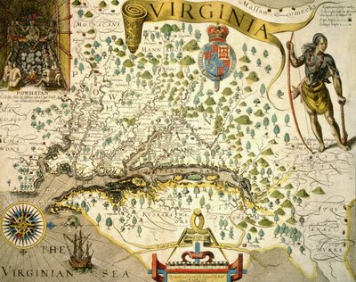 Kaart van Virginia, met linksboven een afbeelding van Chief Powhatan door John Smith (1580-1631) 1624 (handgekleurde gravure) door Theodore de (after) Bry