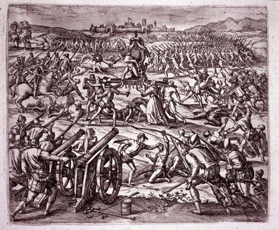 Een Dominicaanse monnik, zich bespot voelend door de Inca-koning Atahualpa, moedigt Francisco Pizarro aan om wraak te nemen (Gravure) door Theodore de Bry