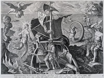 Allegorie op de reizen van Ferdinand Magellaan (1480-1521) door Theodore de Bry