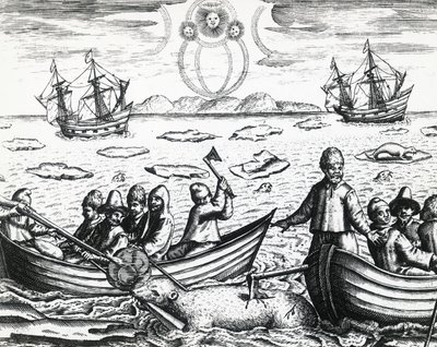 Aurora borealis en ijsberenjacht tijdens de derde expeditie geleid door Willem Barentsz in 1596, gravure door Theodore de Bry