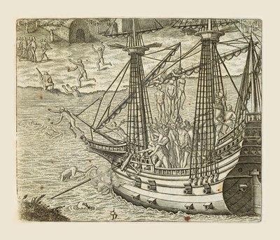Bartolomeo Diaz hangt enkele Indianen op aan een karveel, gravure door Theodor de Bry (1528-1598) uit Americae pars quarta, sive, Insignis et admiranda historia de reperta primum Occidentali India Christophoro Columbo, door Girolamo Benzoni door Theodore de Bry