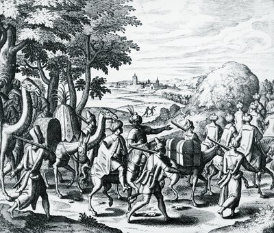 Karavaan van Arabische kooplieden die van Aleppo naar Basra reizen, gravure uit Grands and Petits Voyages, Midden-Oosten door Theodore de Bry