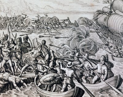 Botsing tussen inheemse Indianen en Spaanse troepen, gravure uit Historia Americae, door Theodor de Bry, Frankfurt door Theodore de Bry