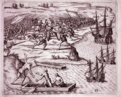 Vierde reis van Christoffel Columbus op het eiland Jamaica in 1503 door Theodore de Bry